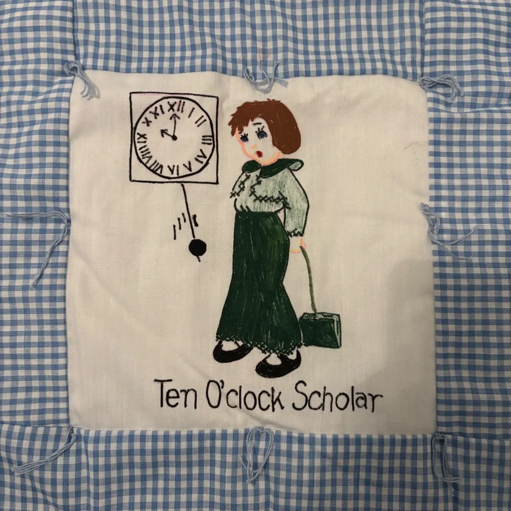 Vintage Nursery Rhyme Crib Quilt Hand Painted Gingham Blue White 12 Panel